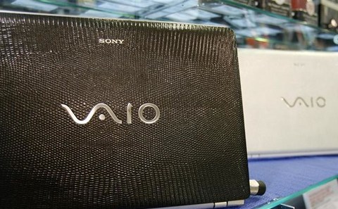 Sony Vaio laptops sit on a display stand at a showroom in Singapore