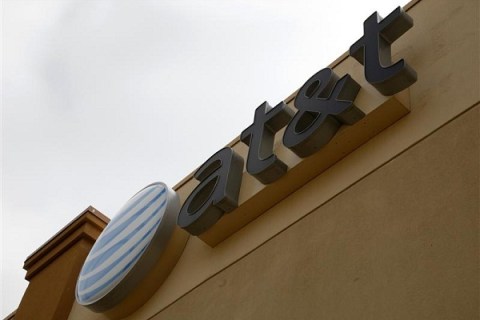 A view shows the AT&T store sign in Broomfield, Colorado