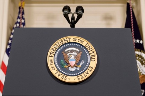 The Presidential Seal is seen on a podium at the White House in Washington