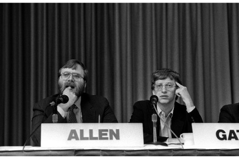 Microsoft co-founders Paul Allen and Bill Gates at the PC Forum conference in February 1987